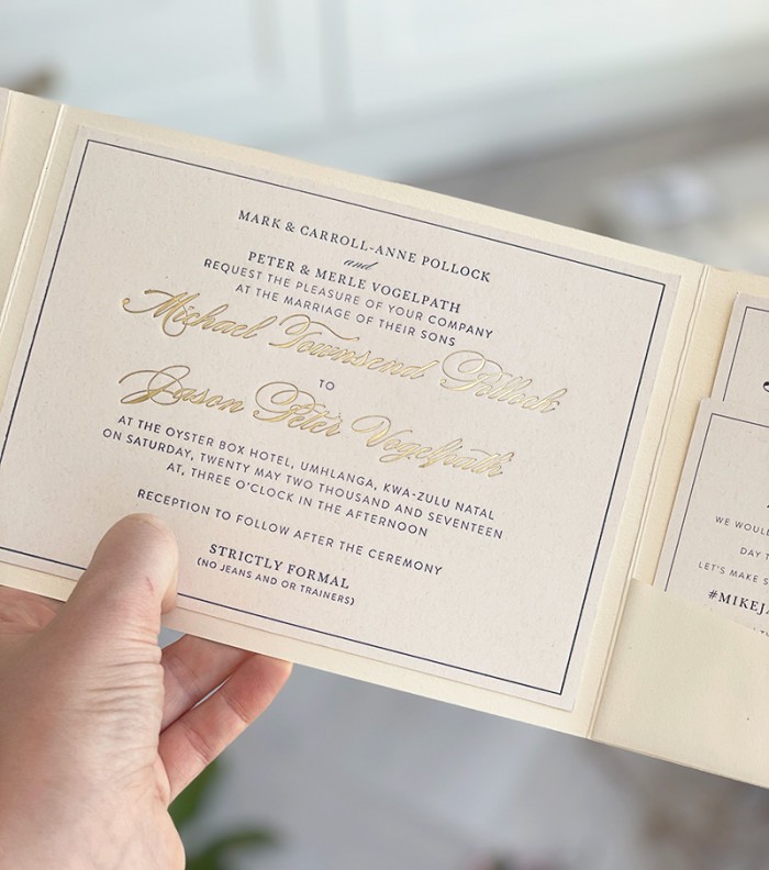 Michael and Jason letterpress and foiled invitation
