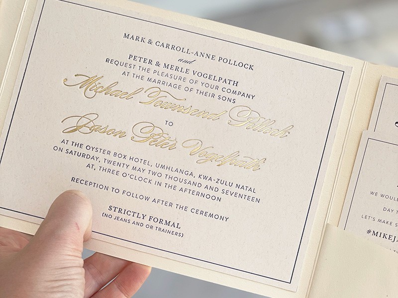 Michael and Jason letterpress and foiled invitation