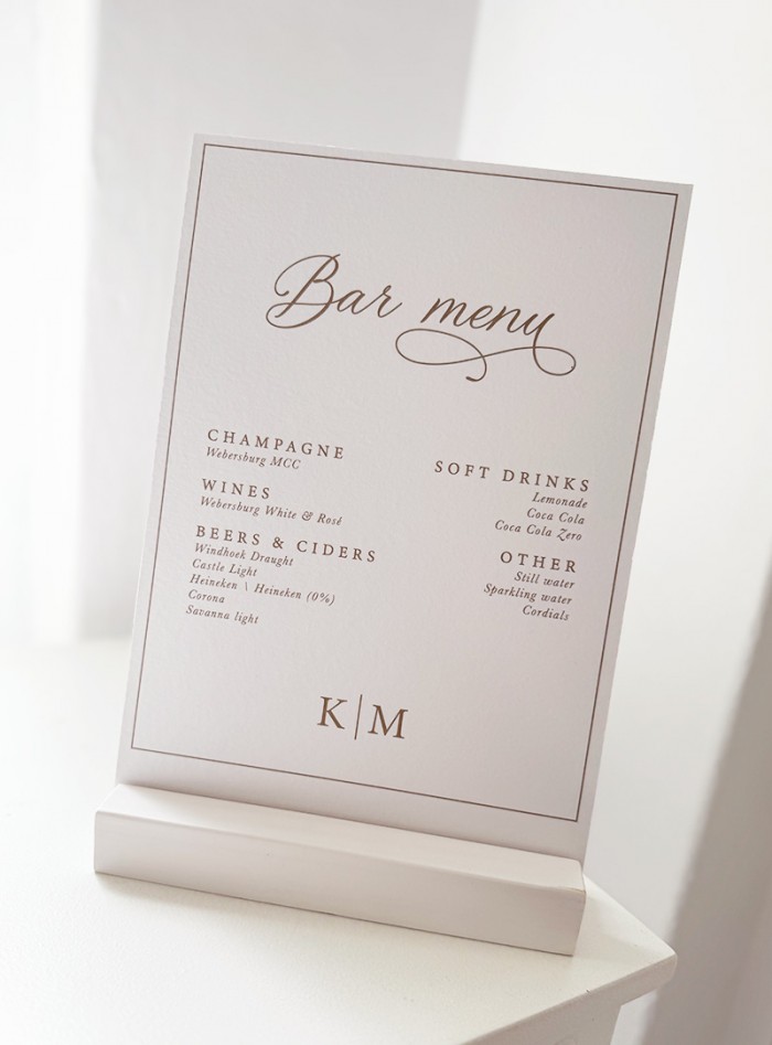 Kristy and Mark bar menu